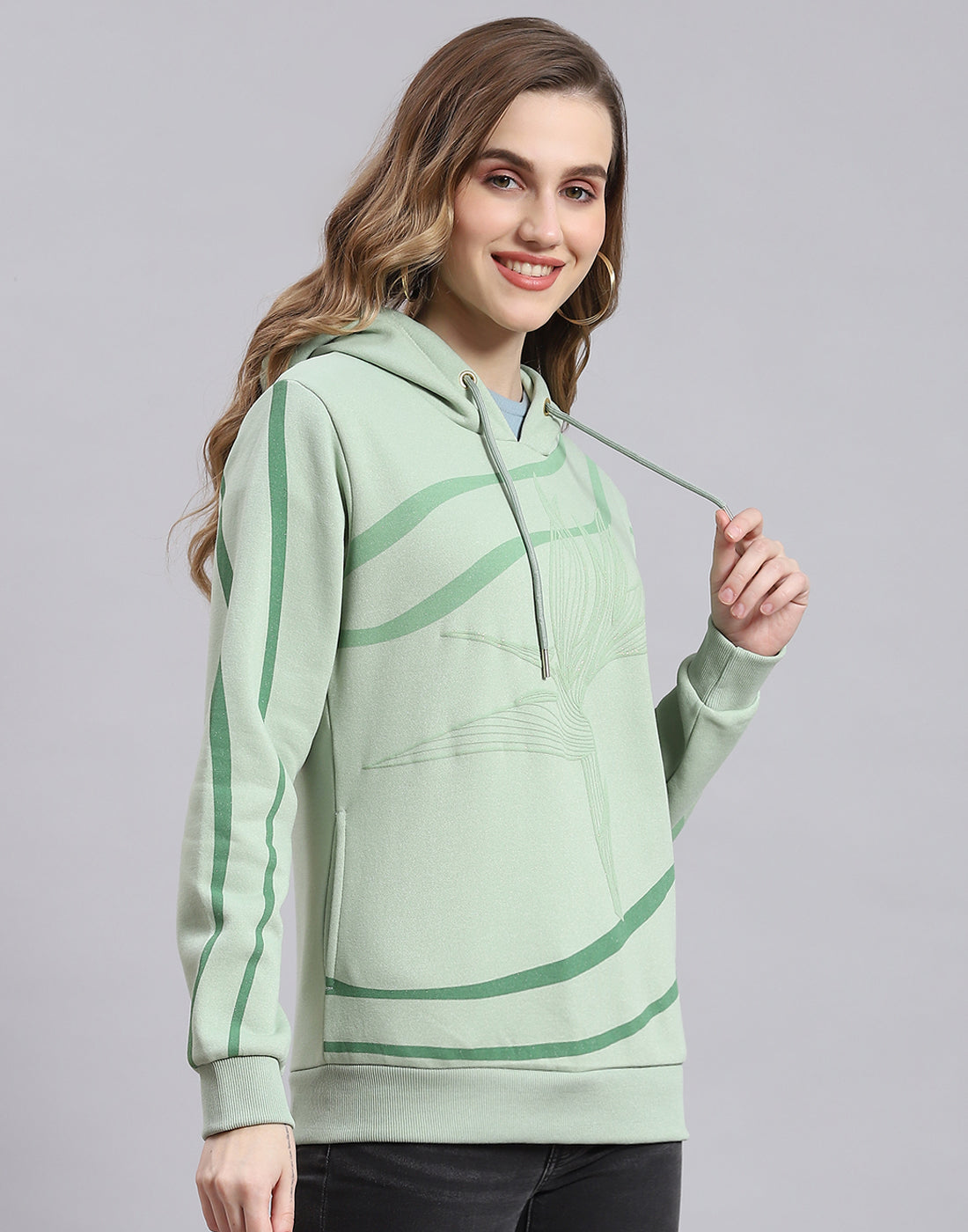 Women Green Printed Hooded Full Sleeve Sweatshirt
