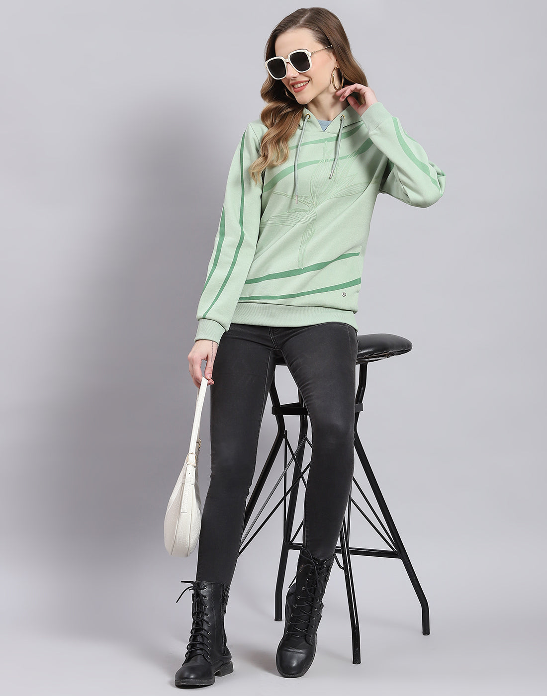 Women Green Printed Hooded Full Sleeve Sweatshirt