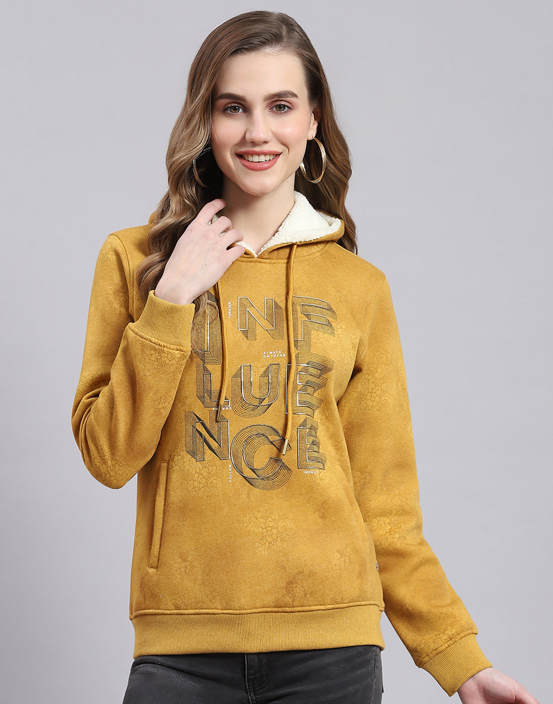Women Mustard Printed Hooded Full Sleeve Sweatshirt