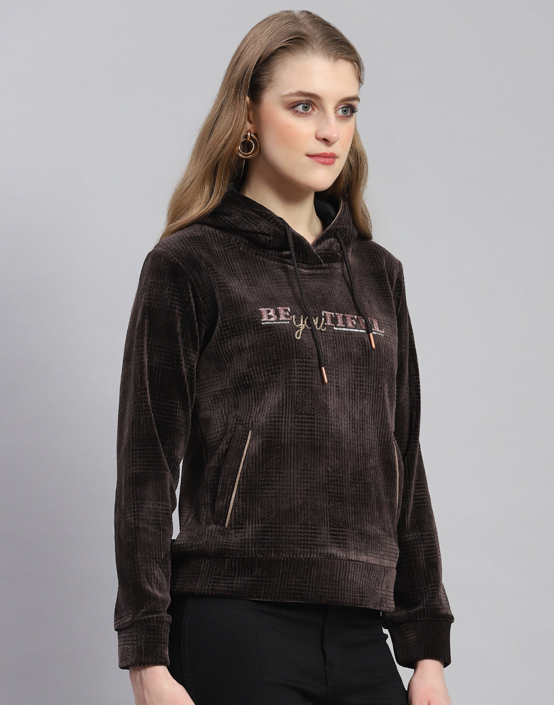 Women Brown Embroidered Hooded Full Sleeve Sweatshirt
