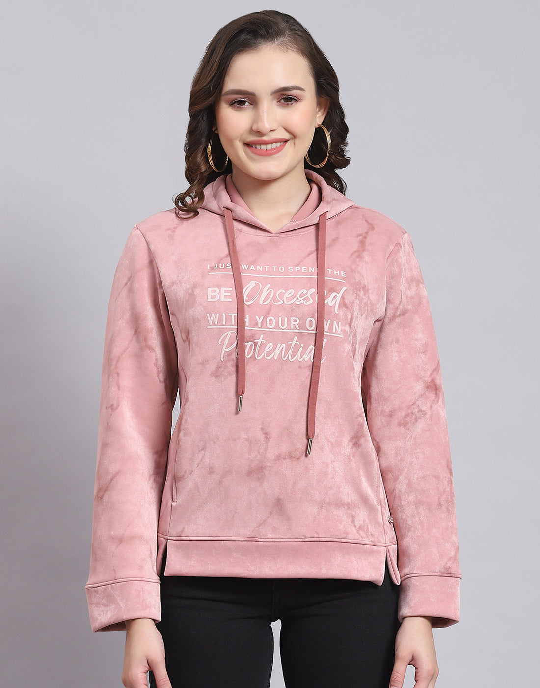 Women Peach Printed Hooded Full Sleeve Sweatshirt