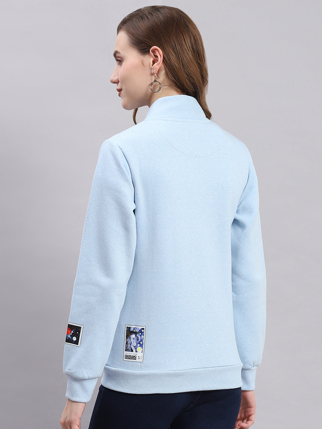 Women Blue Printed F Neck Full Sleeve Sweatshirts