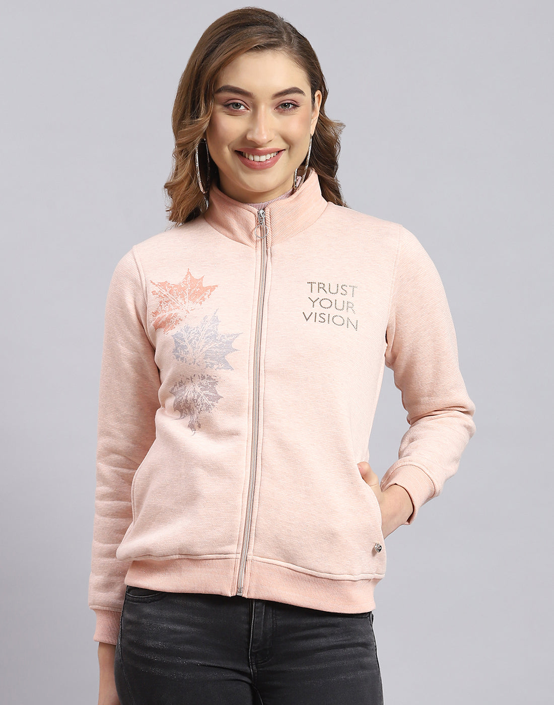 Women Pink Printed Stand Collar Full Sleeve Sweatshirt