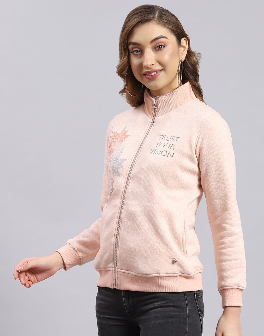 Women Pink Printed Stand Collar Full Sleeve Sweatshirt