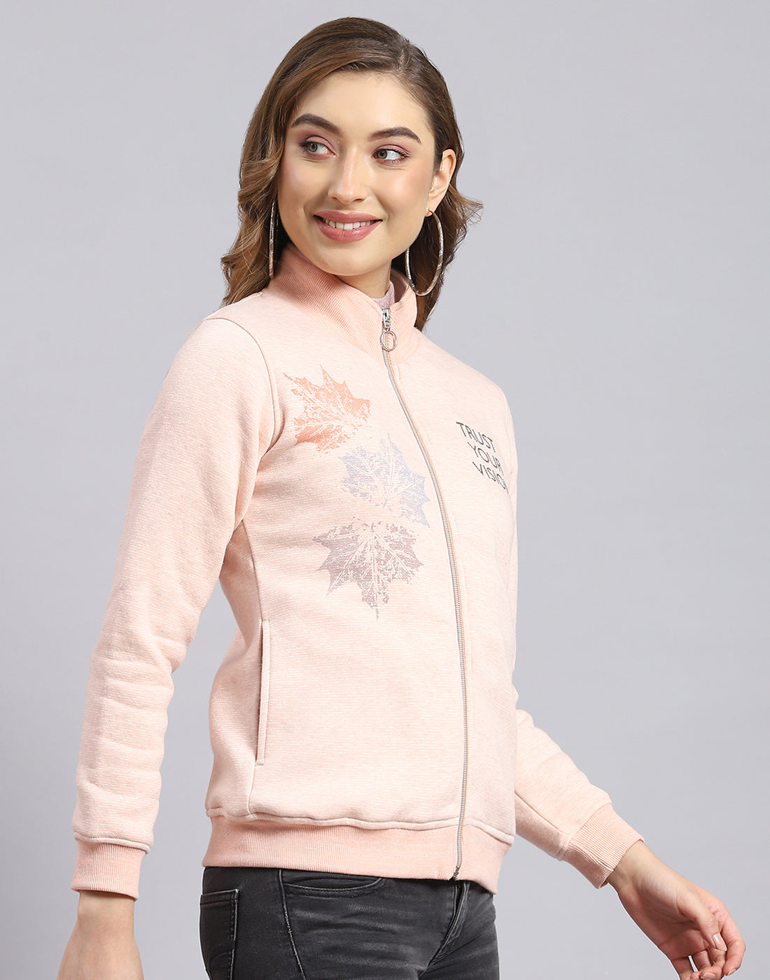Women Pink Printed Stand Collar Full Sleeve Sweatshirt