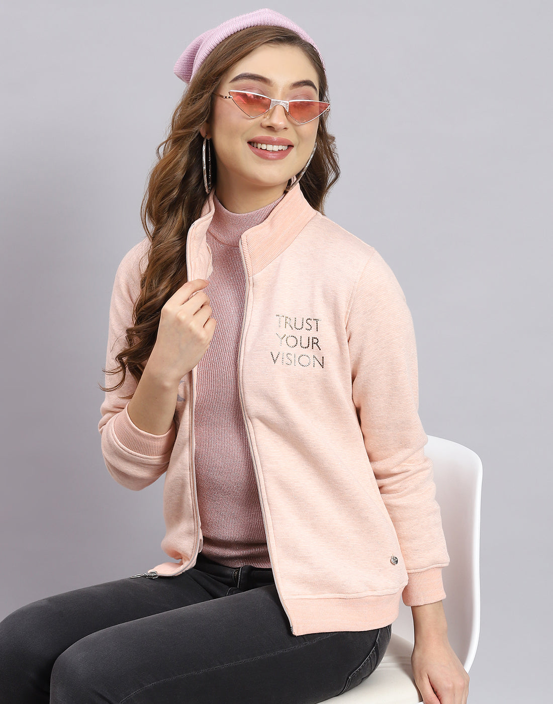Women Pink Printed Stand Collar Full Sleeve Sweatshirt