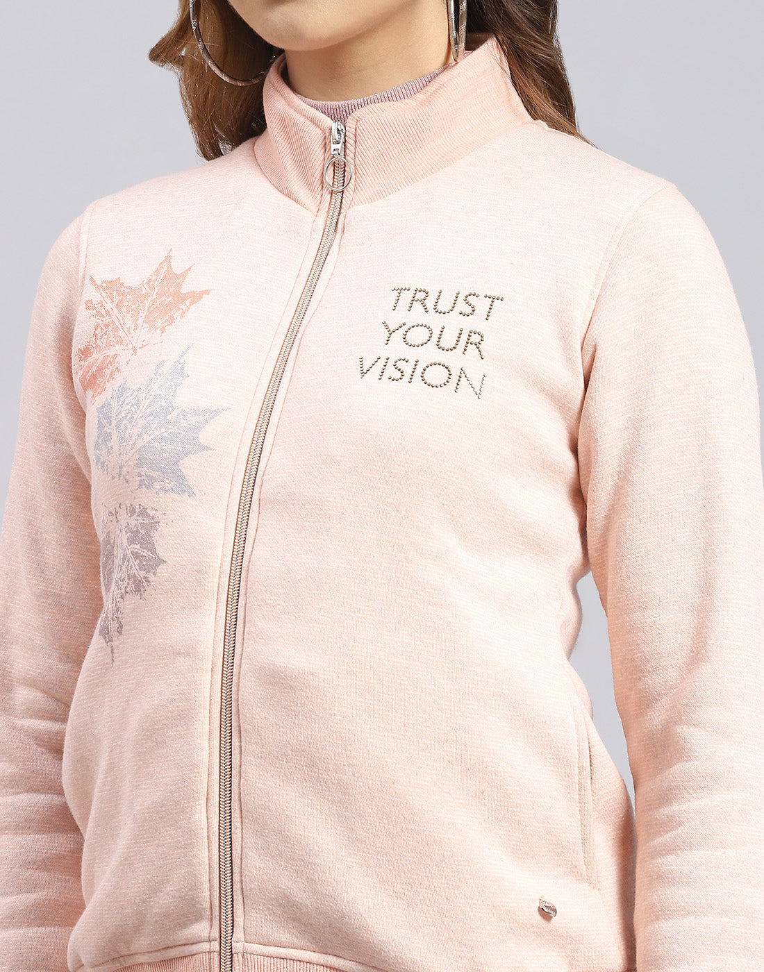 Women Pink Printed Stand Collar Full Sleeve Sweatshirt