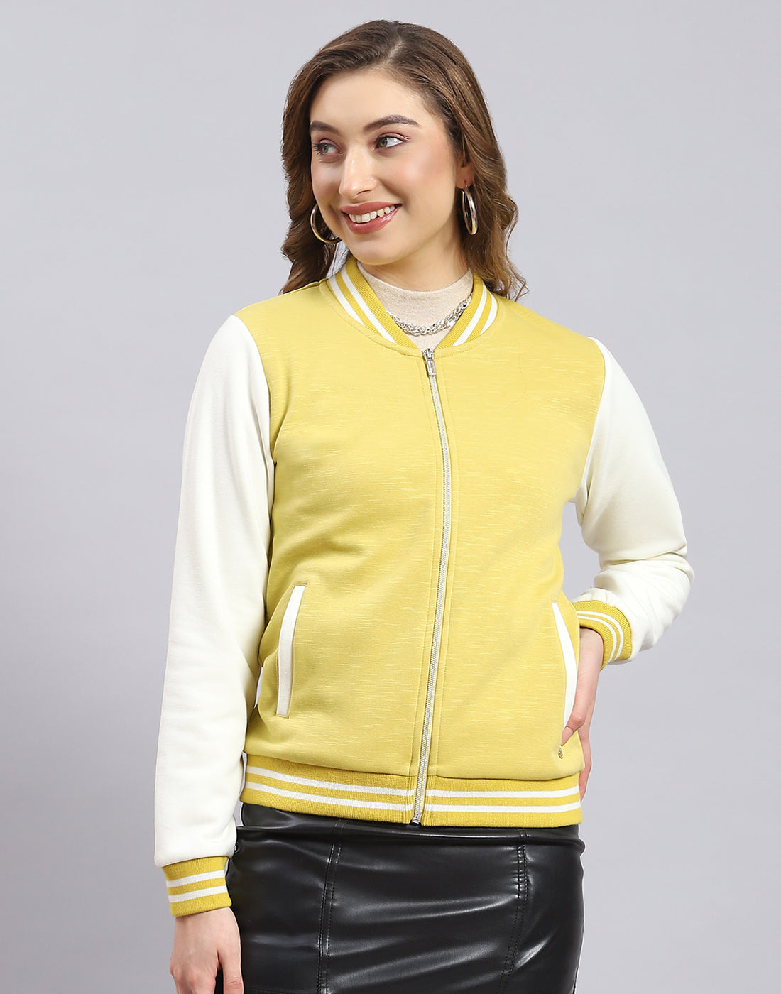 Women Yellow Solid Stand Collar Full Sleeve Sweatshirt