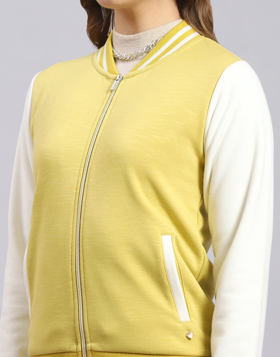 Women Yellow Solid Stand Collar Full Sleeve Sweatshirt
