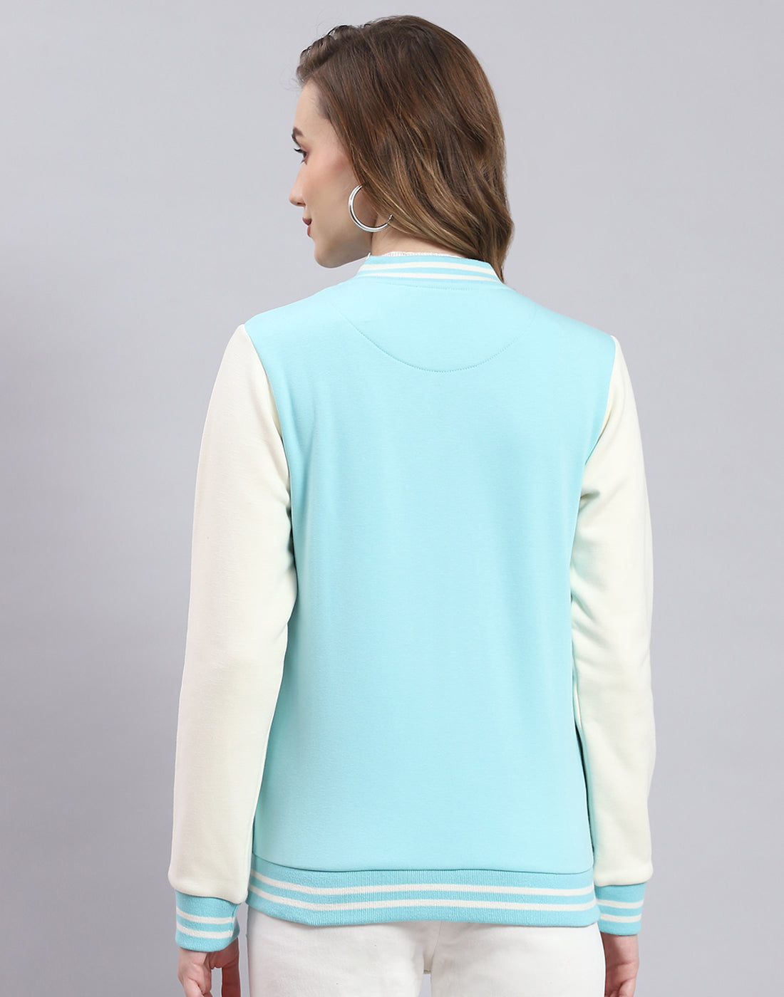 Women Turquoise Blue Solid Stand Collar Full Sleeve Sweatshirt