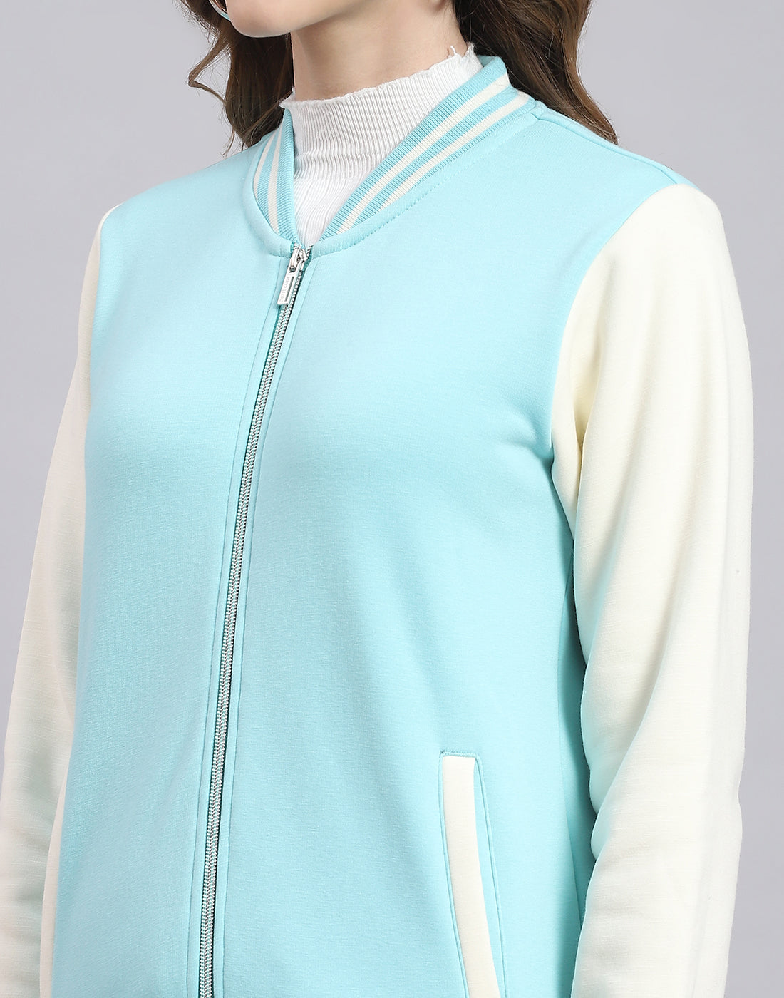 Women Turquoise Blue Solid Stand Collar Full Sleeve Sweatshirt
