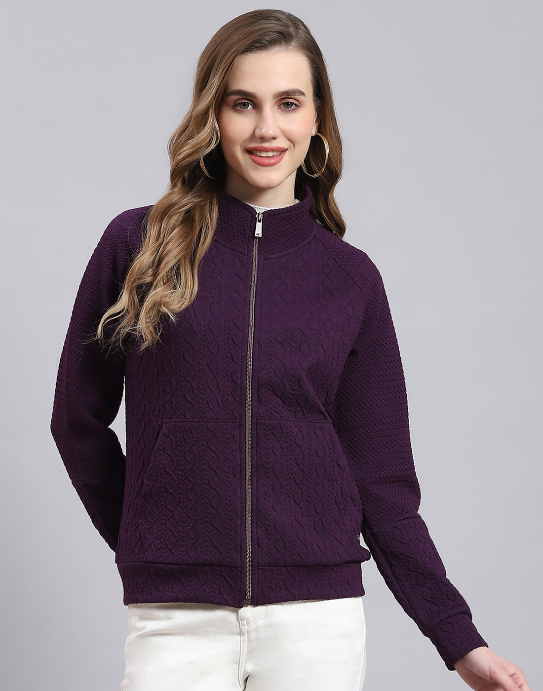 Women Purple Solid Stand Collar Full Sleeve Sweatshirt