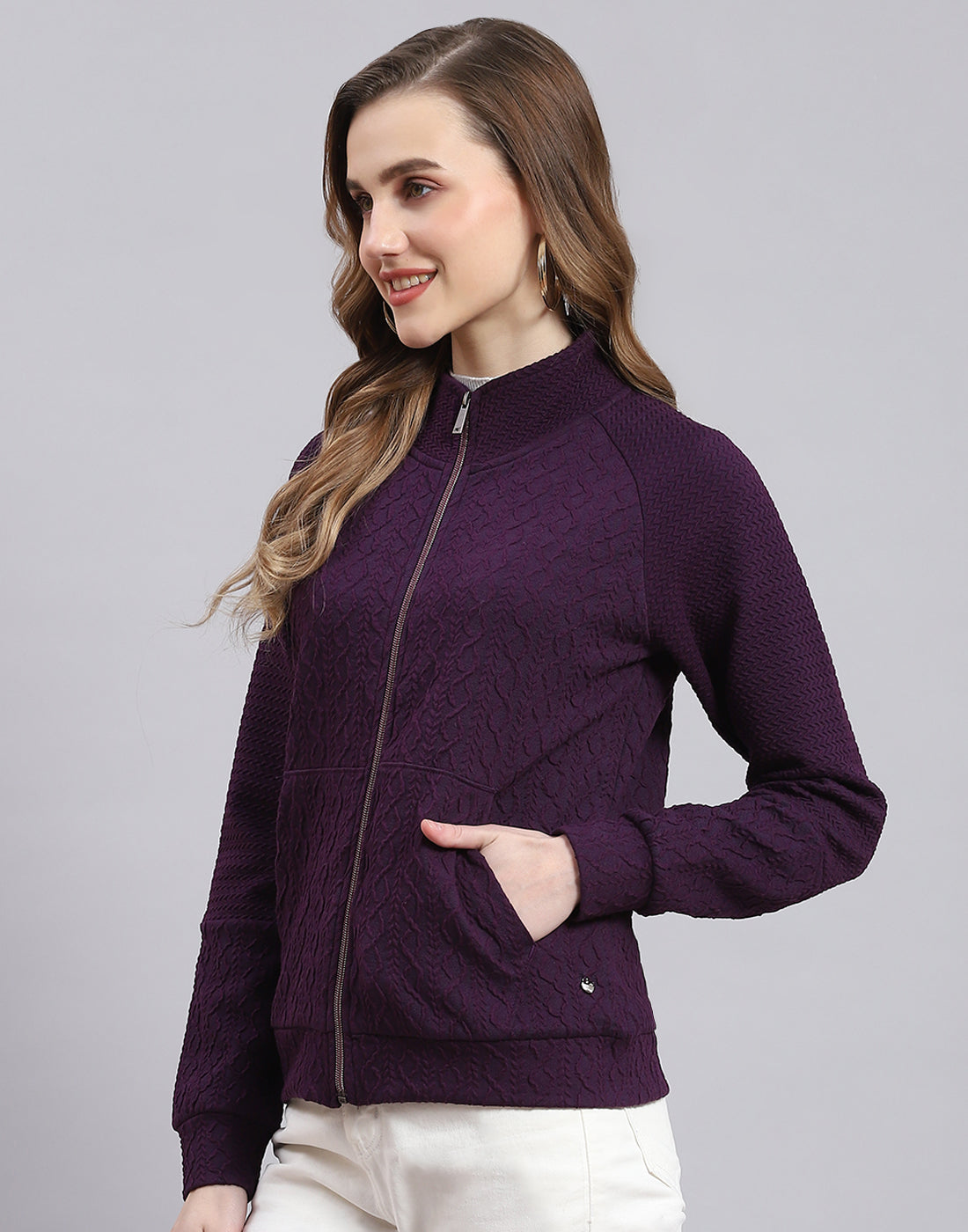 Women Purple Solid Stand Collar Full Sleeve Sweatshirt