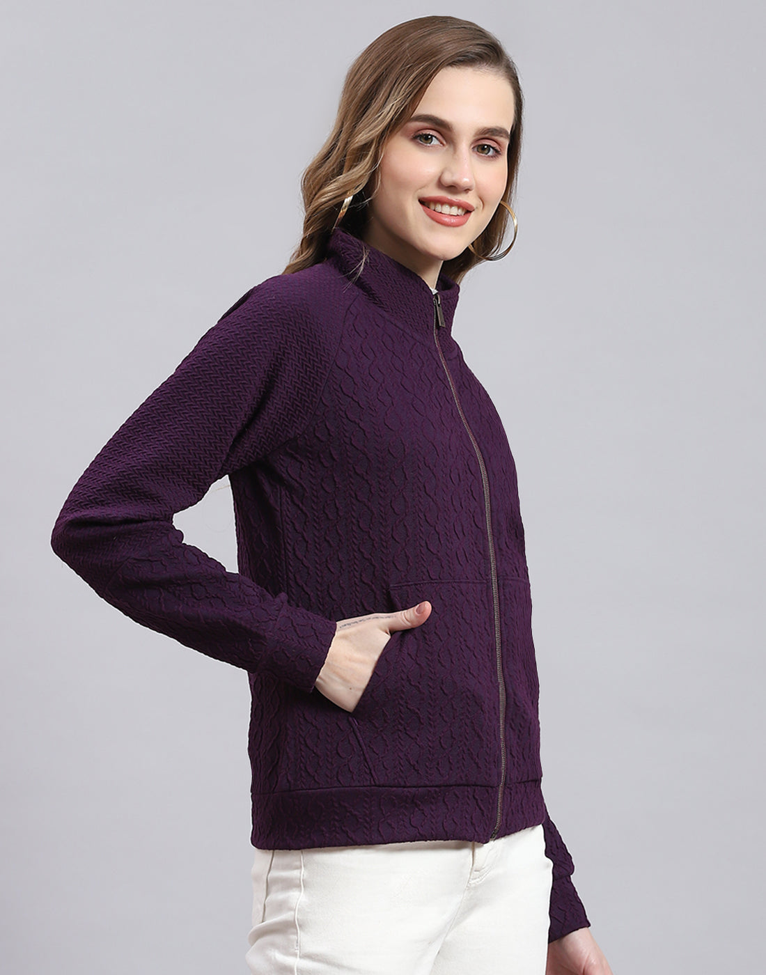 Women Purple Solid Stand Collar Full Sleeve Sweatshirt