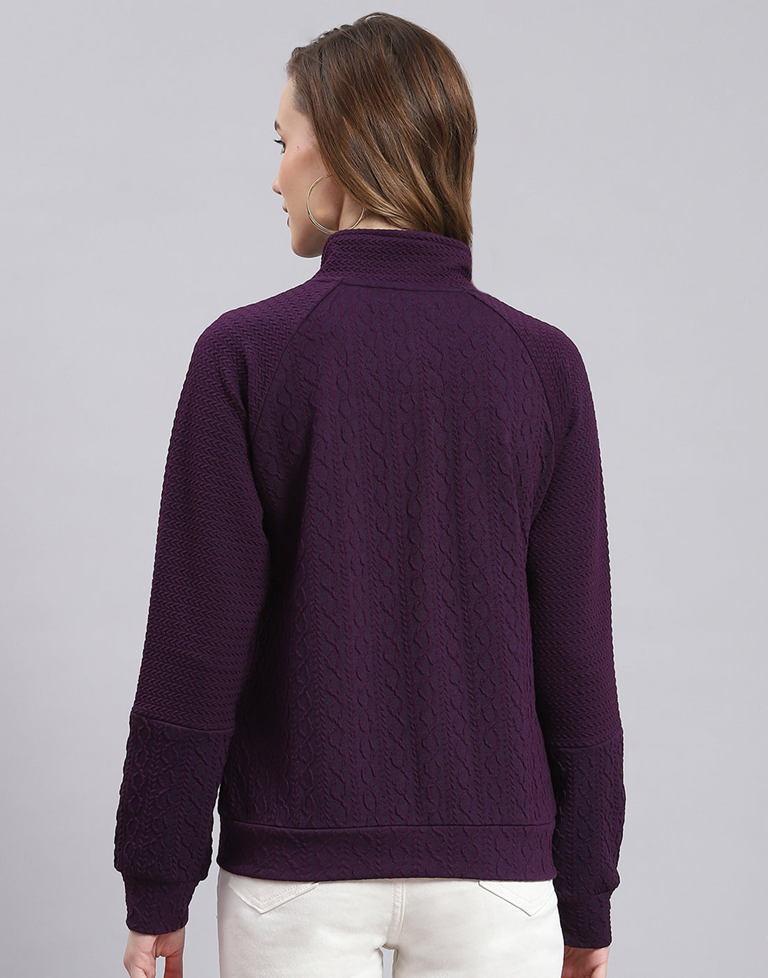 Women Purple Solid Stand Collar Full Sleeve Sweatshirt