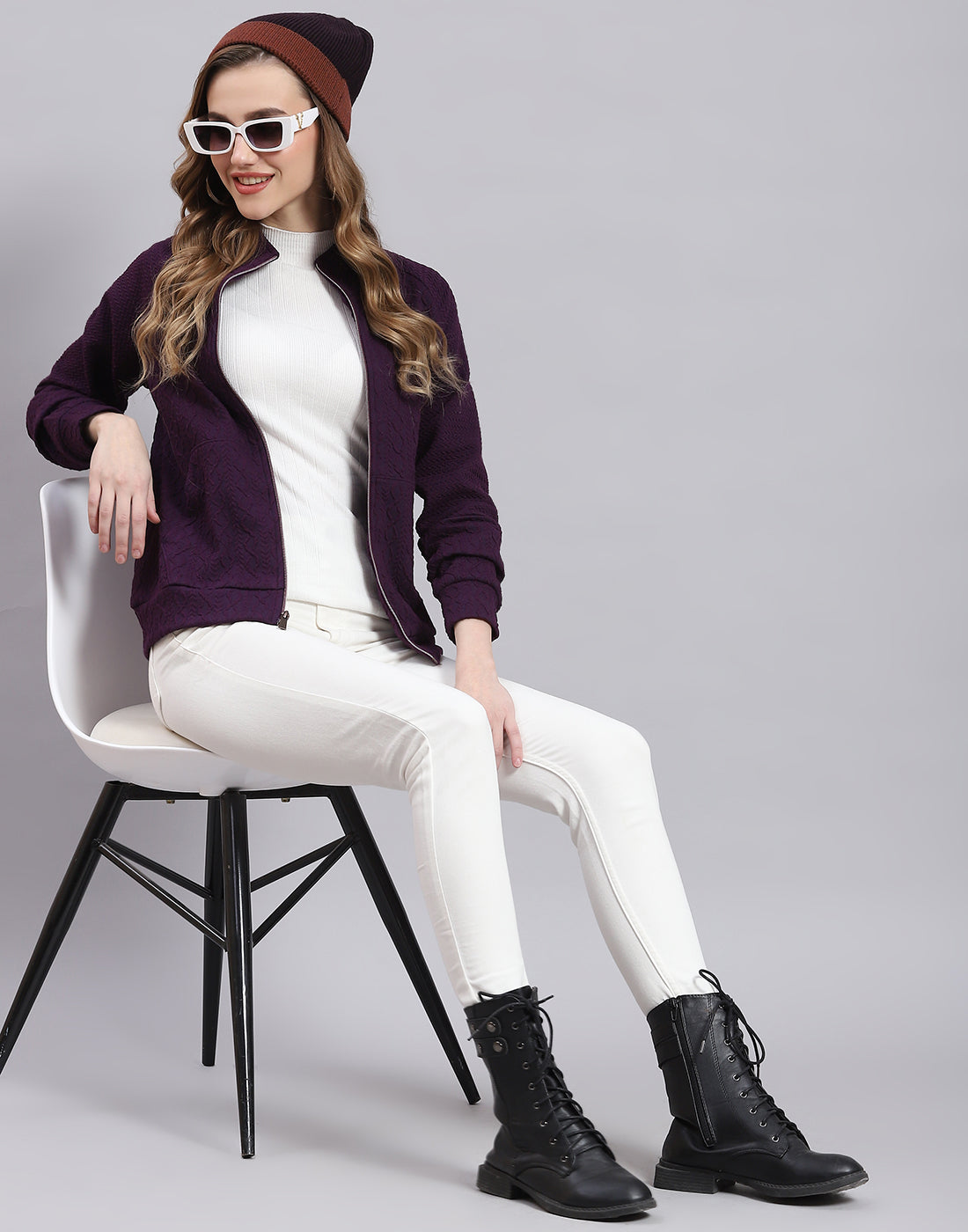 Women Purple Solid Stand Collar Full Sleeve Sweatshirt