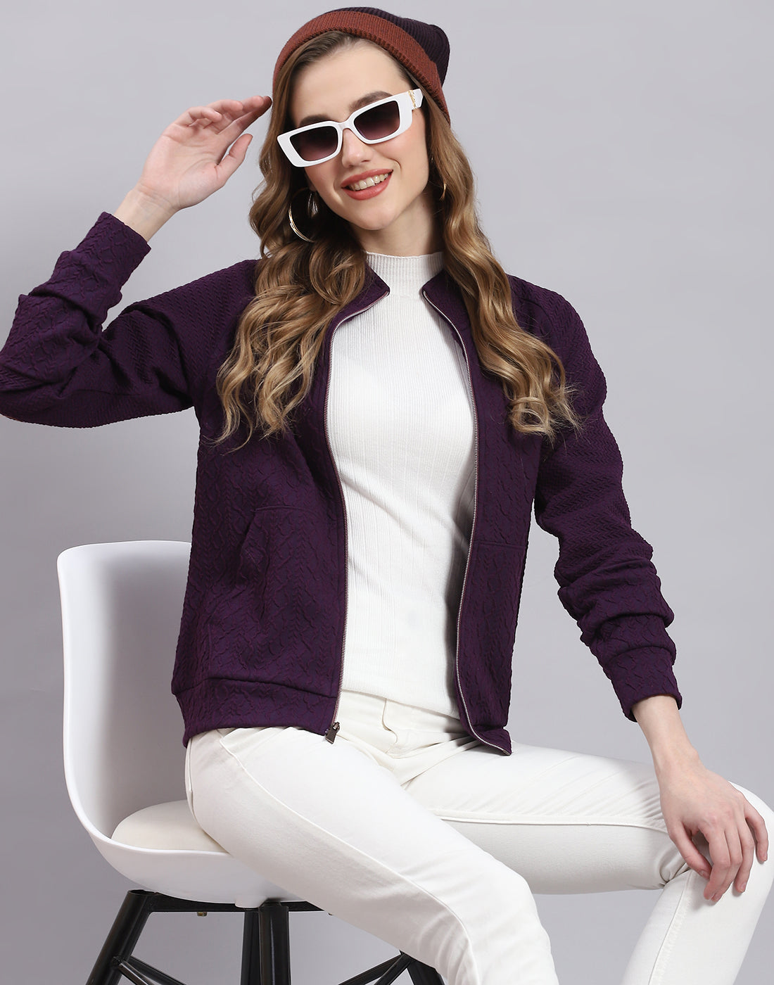 Women Purple Solid Stand Collar Full Sleeve Sweatshirt
