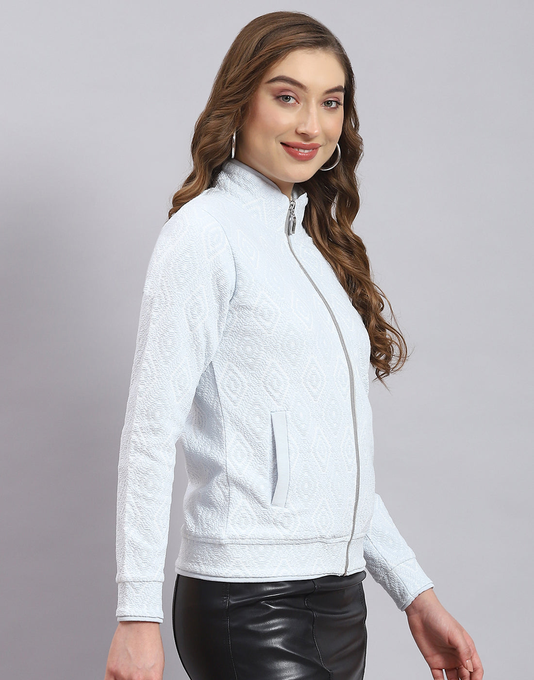 Women Blue Self Design Stand Collar Full Sleeve Sweatshirt