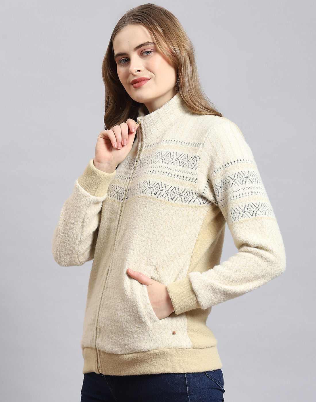Women Beige Self Design Stand Collar Full Sleeve Sweatshirt