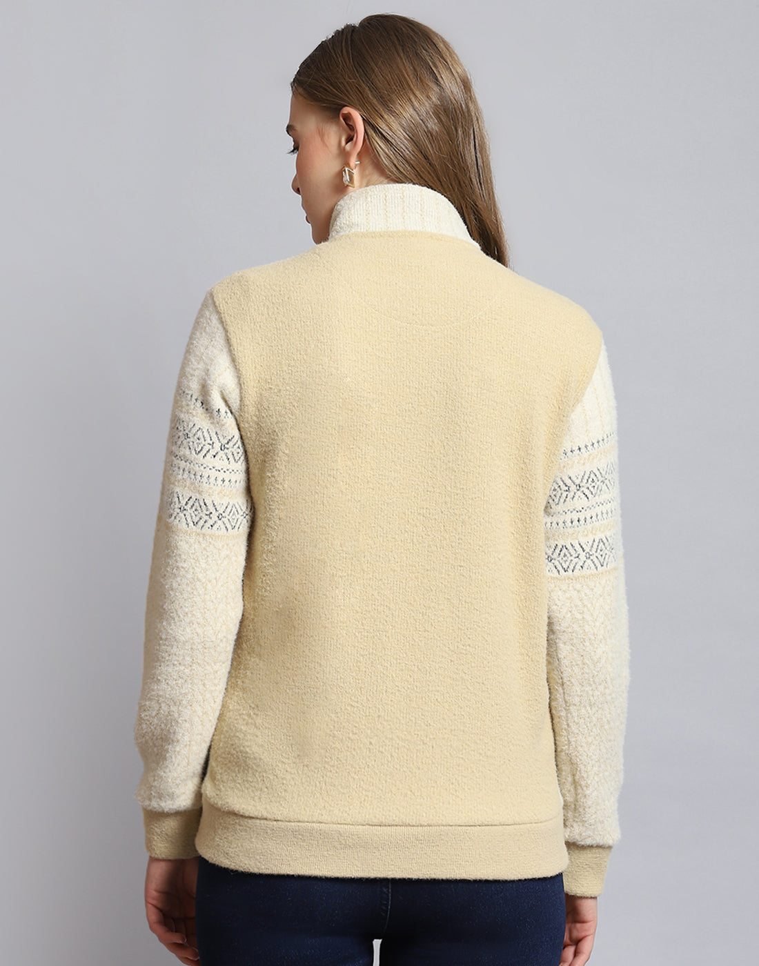 Women Beige Self Design Stand Collar Full Sleeve Sweatshirt