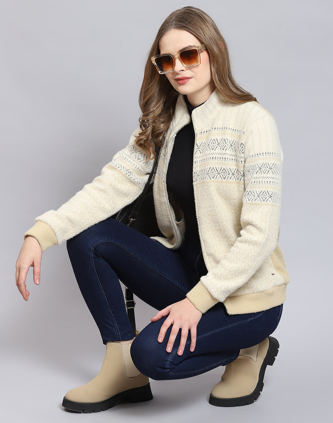 Women Beige Self Design Stand Collar Full Sleeve Sweatshirt