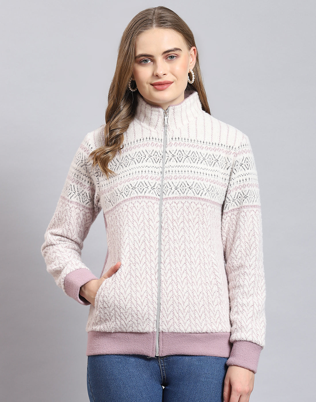 Women Purple Self Design Stand Collar Full Sleeve Sweatshirt