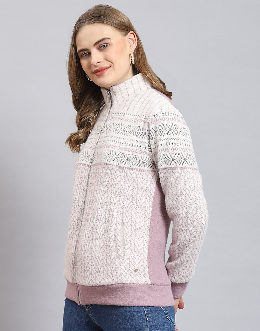 Women Purple Self Design Stand Collar Full Sleeve Sweatshirt