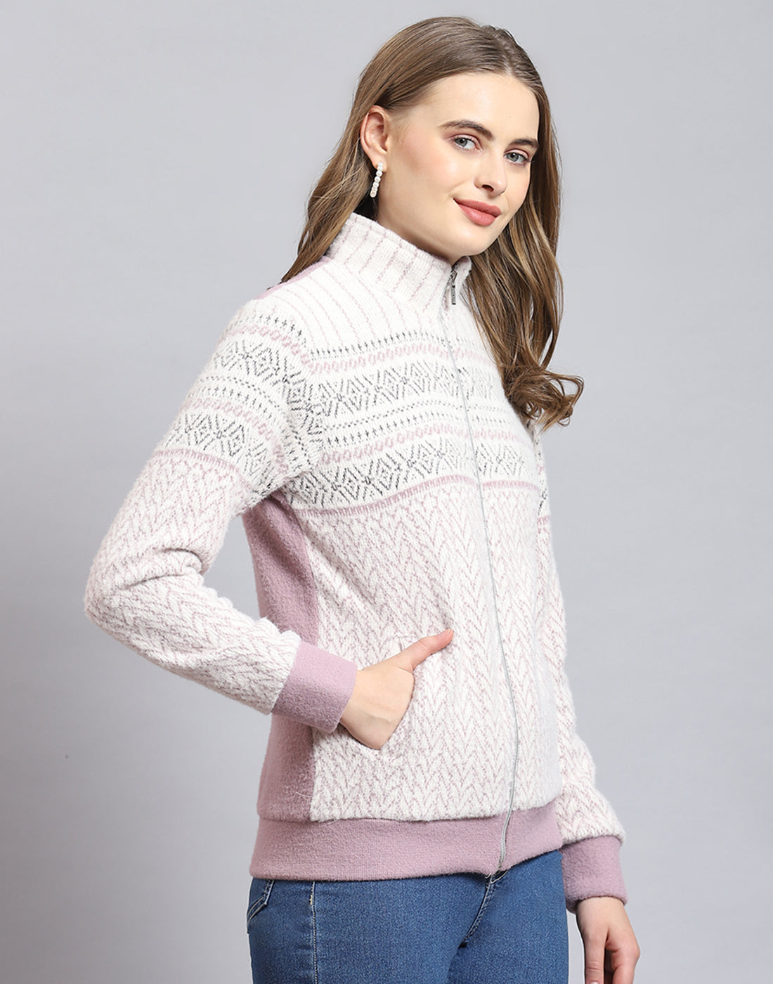 Women Purple Self Design Stand Collar Full Sleeve Sweatshirt