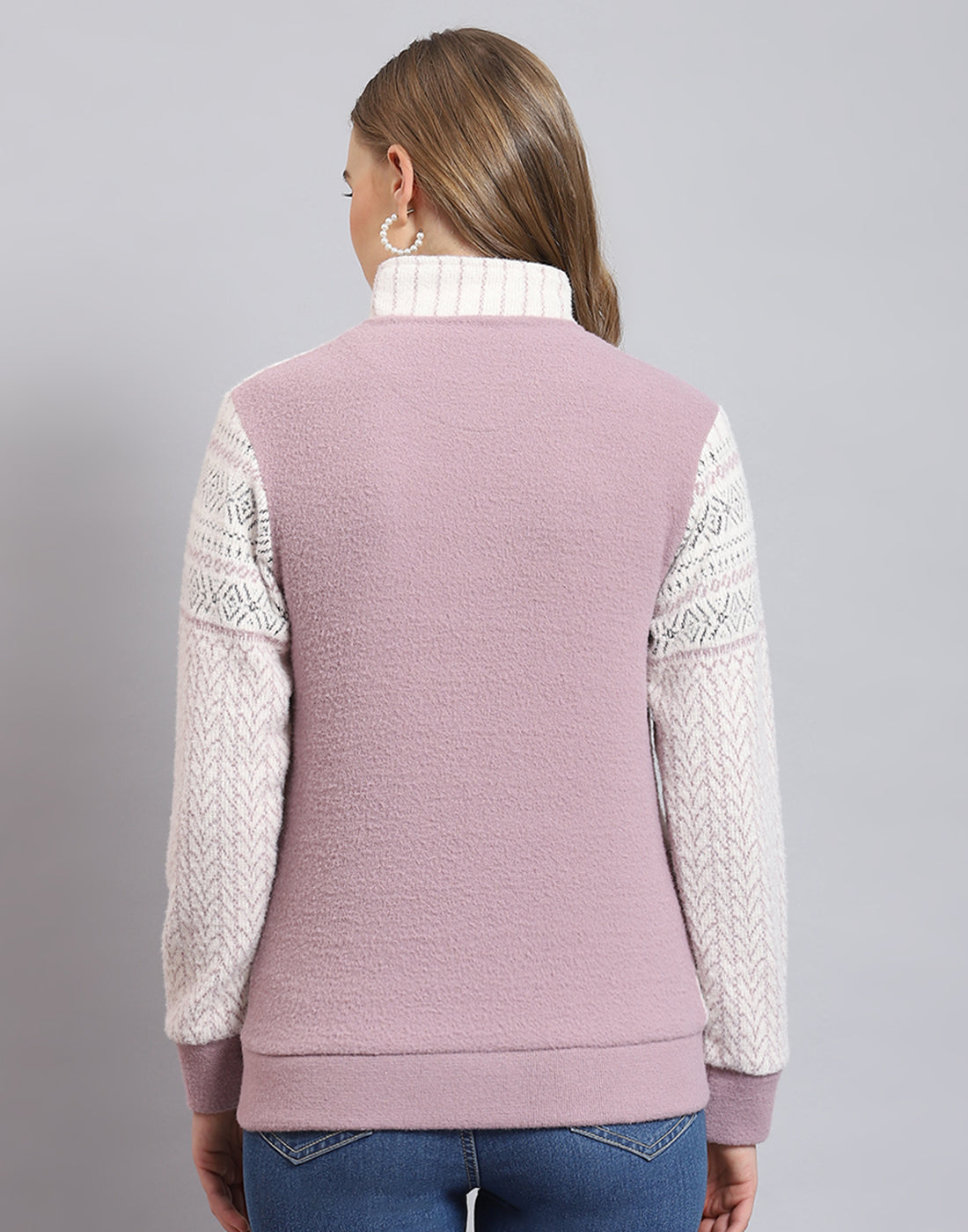 Women Purple Self Design Stand Collar Full Sleeve Sweatshirt