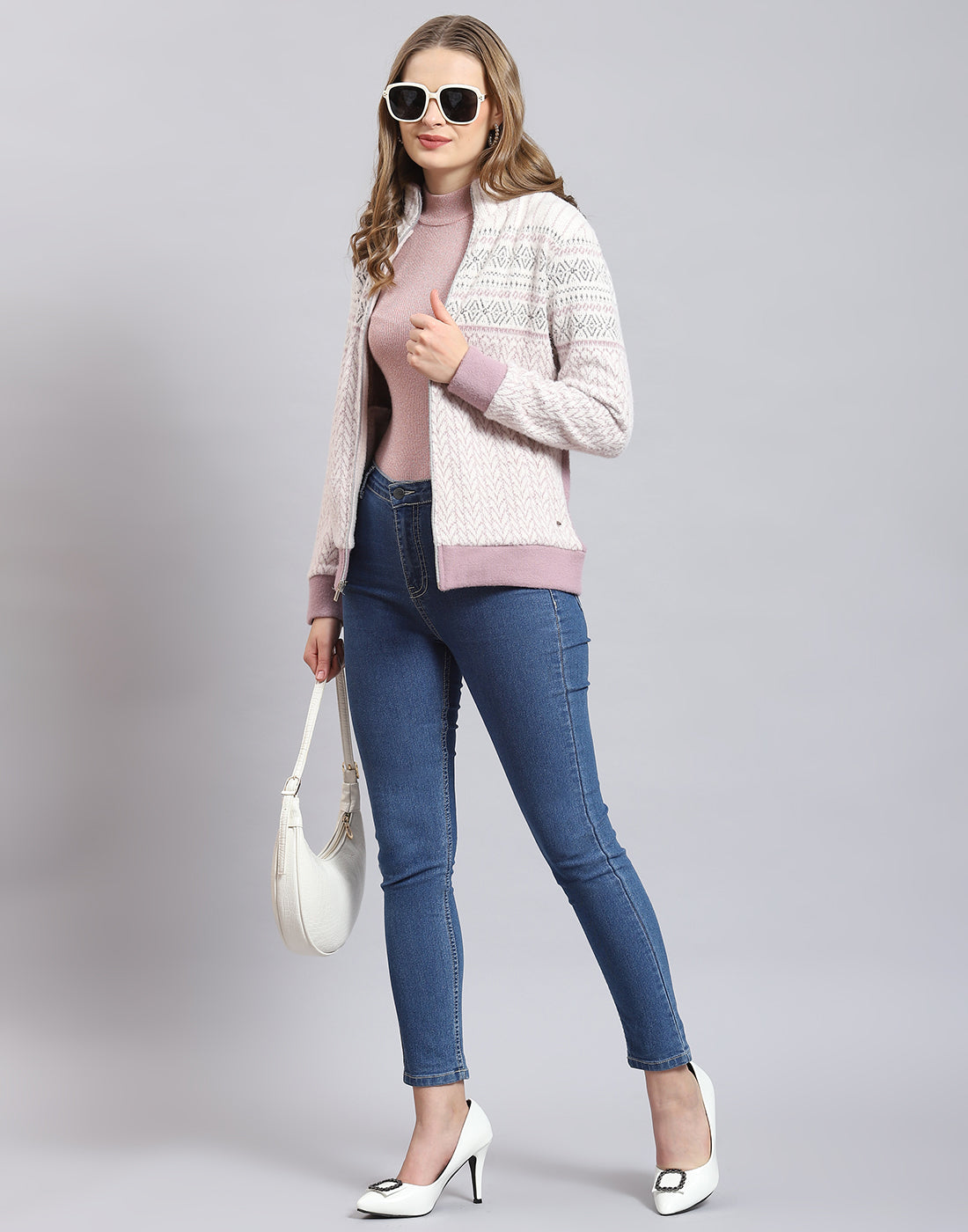 Women Purple Self Design Stand Collar Full Sleeve Sweatshirt