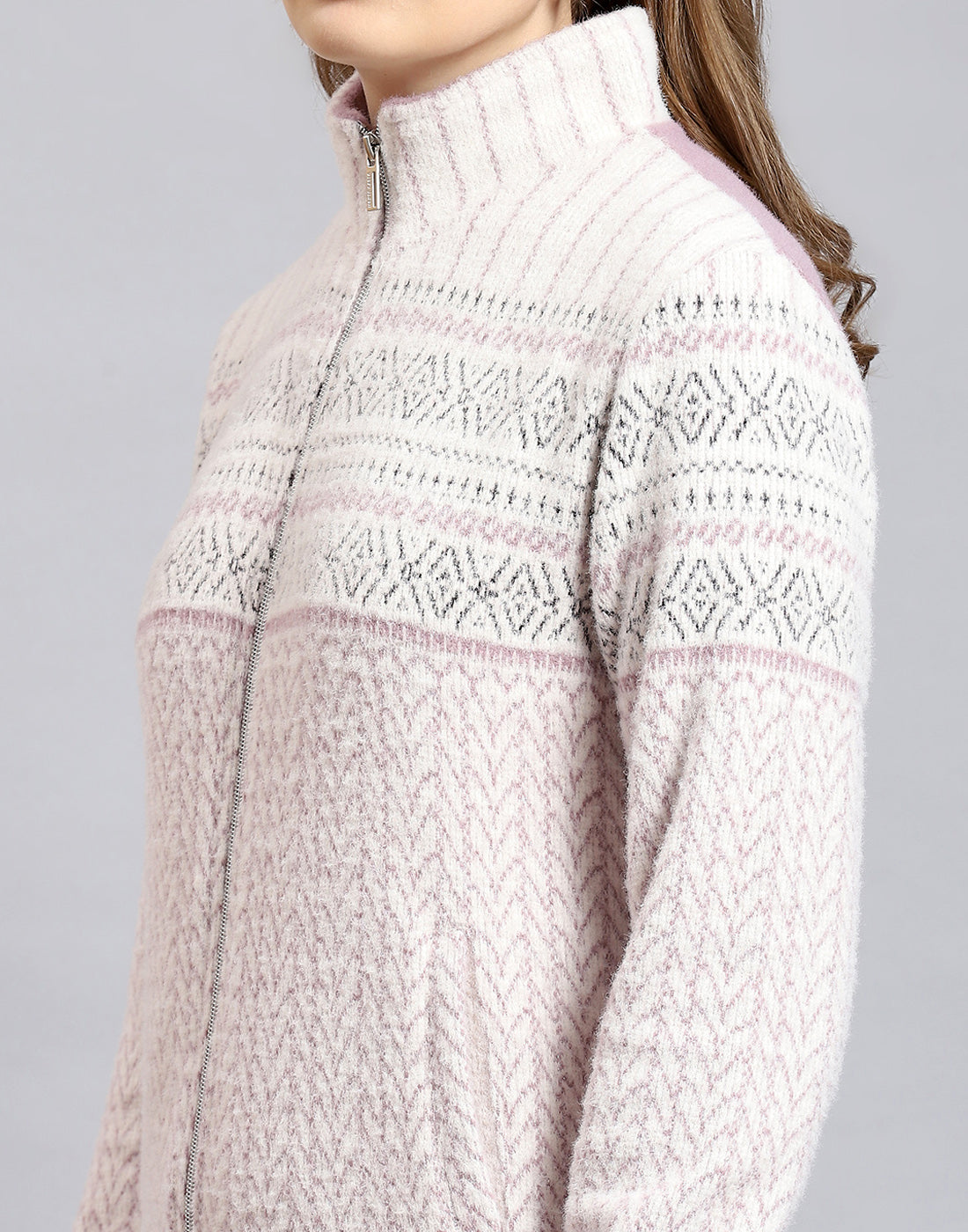 Women Purple Self Design Stand Collar Full Sleeve Sweatshirt