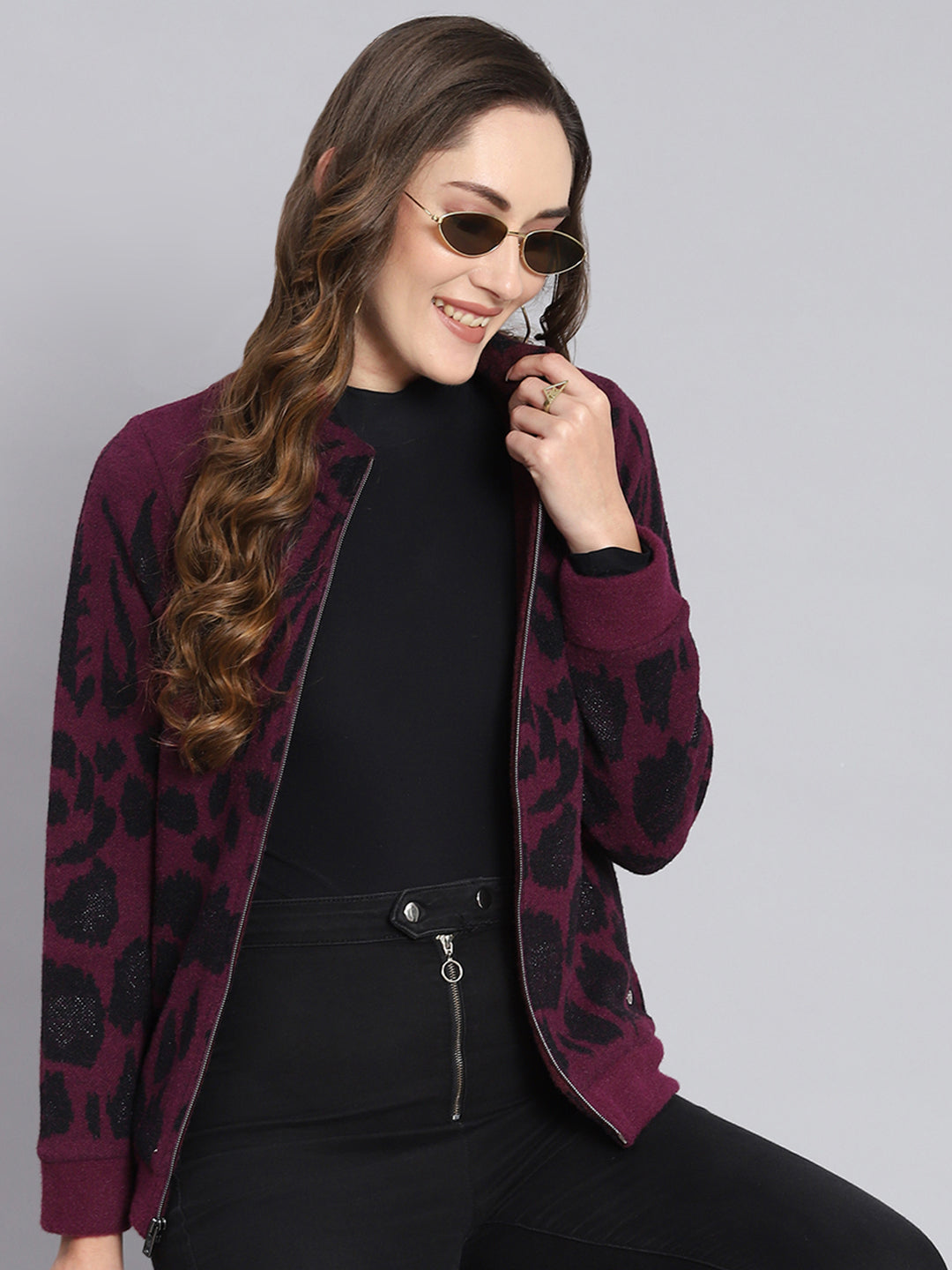 Women Purple Self Design F Neck Full Sleeve Sweatshirts