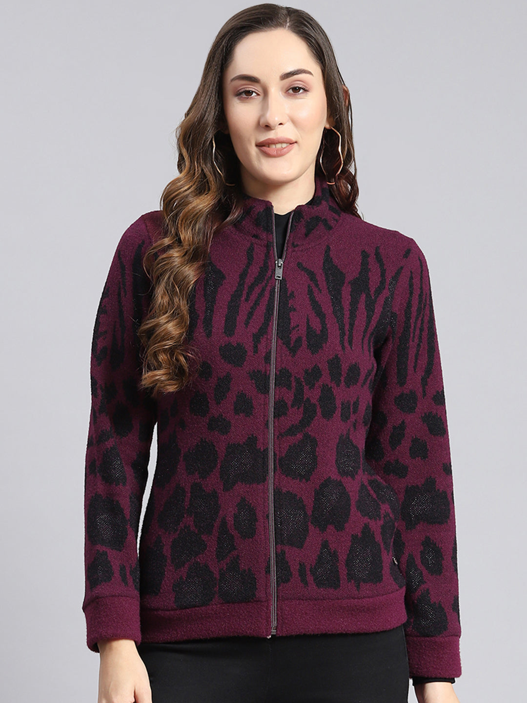 Women Purple Self Design F Neck Full Sleeve Sweatshirts