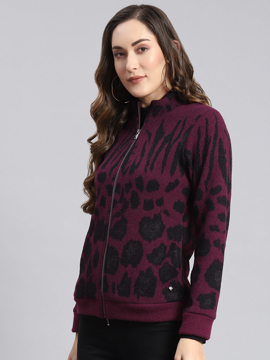 Women Purple Self Design F Neck Full Sleeve Sweatshirts