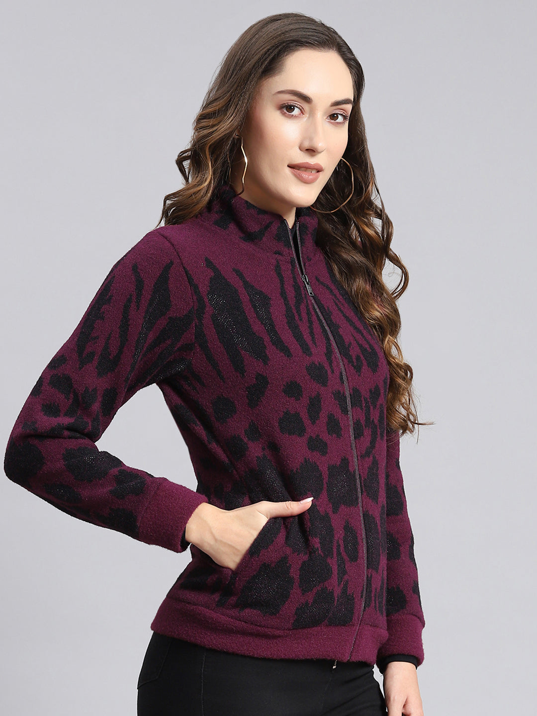 Women Purple Self Design F Neck Full Sleeve Sweatshirts