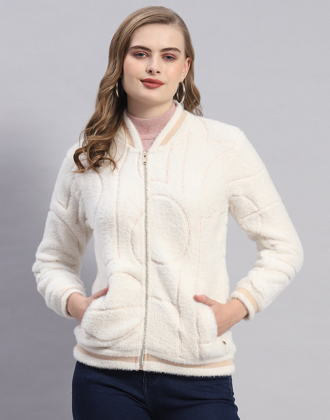 Women Off White Solid Mandarin Collar Full Sleeve Sweatshirt