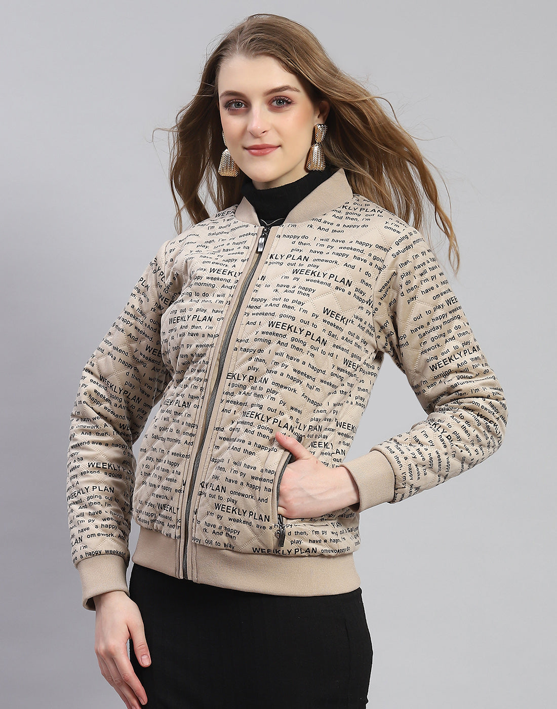 Women Khaki Printed Mandarin Collar Full Sleeve Jacket