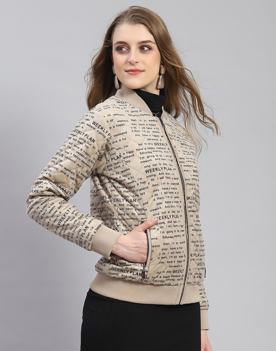 Women Khaki Printed Mandarin Collar Full Sleeve Jacket