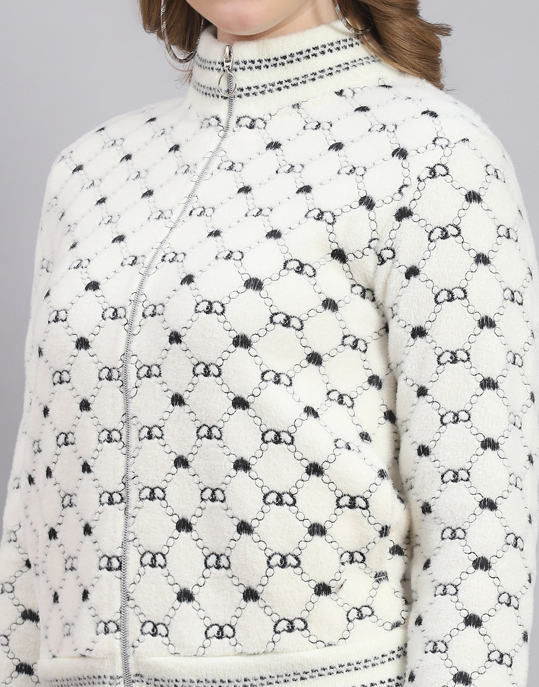 Women Off White Printed H Neck Full Sleeve Sweatshirt