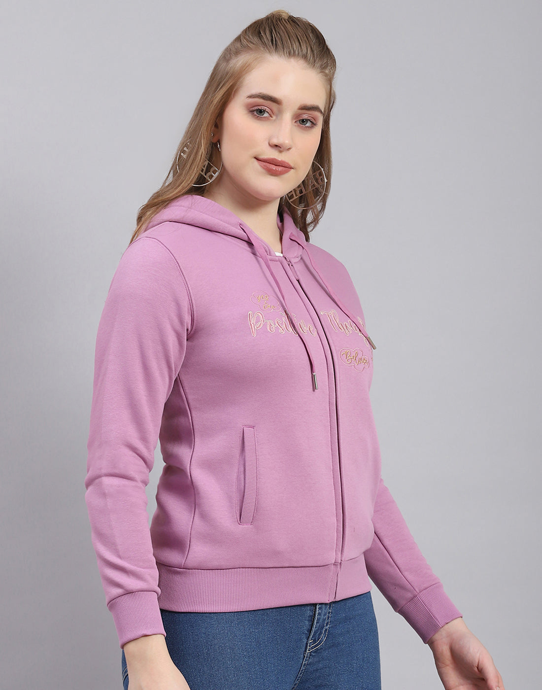 Women Purple Embroidered Hooded Full Sleeve Sweatshirt