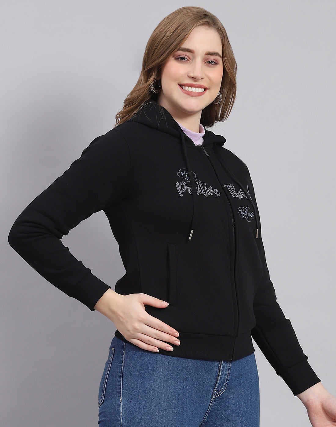 Women Black Embroidered Hooded Full Sleeve Sweatshirt