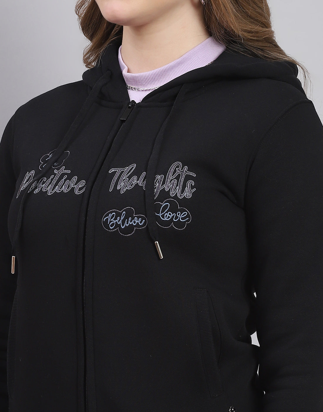 Women Black Embroidered Hooded Full Sleeve Sweatshirt