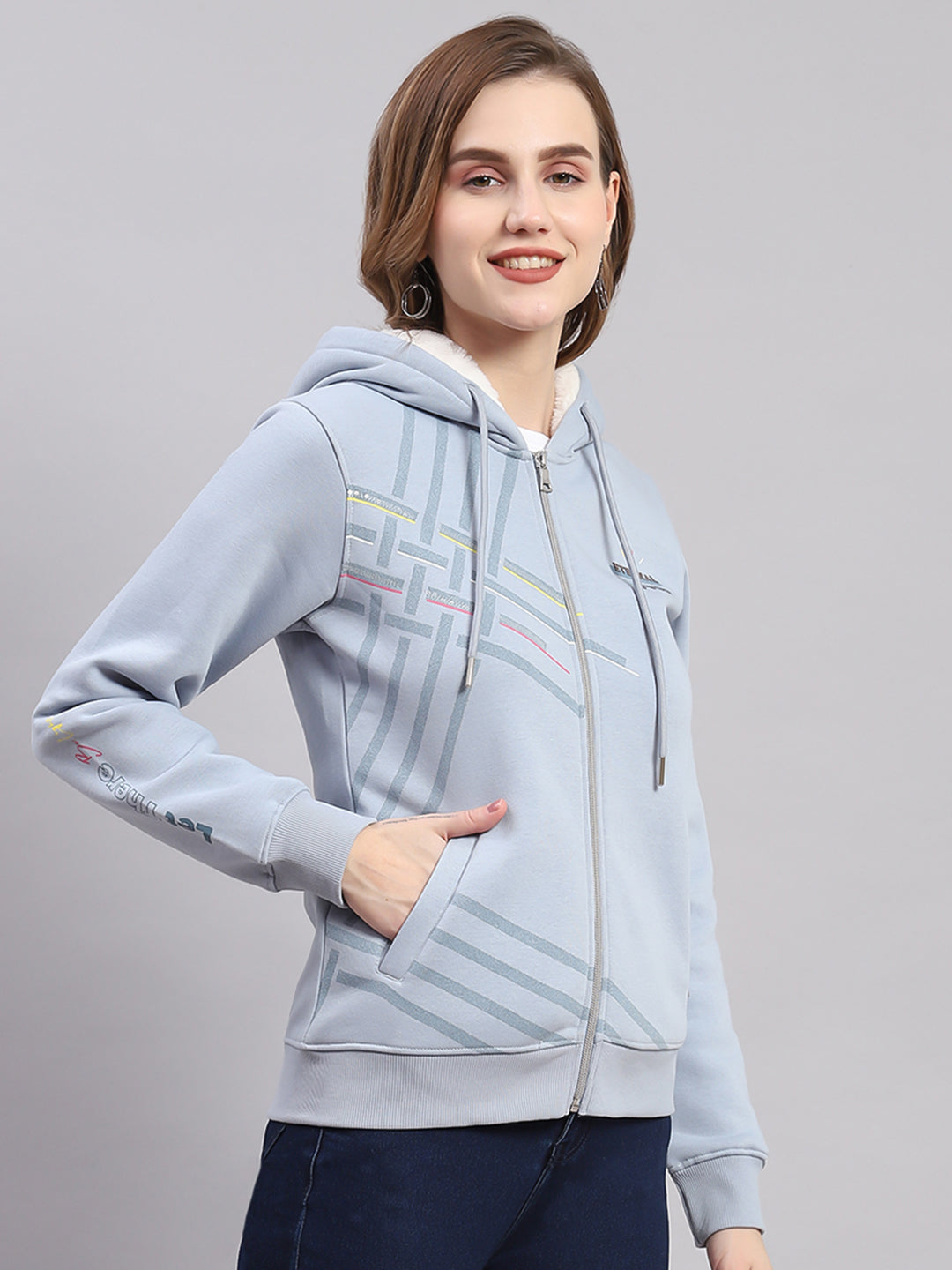 Women Blue Printed Hooded Full Sleeve Sweatshirts
