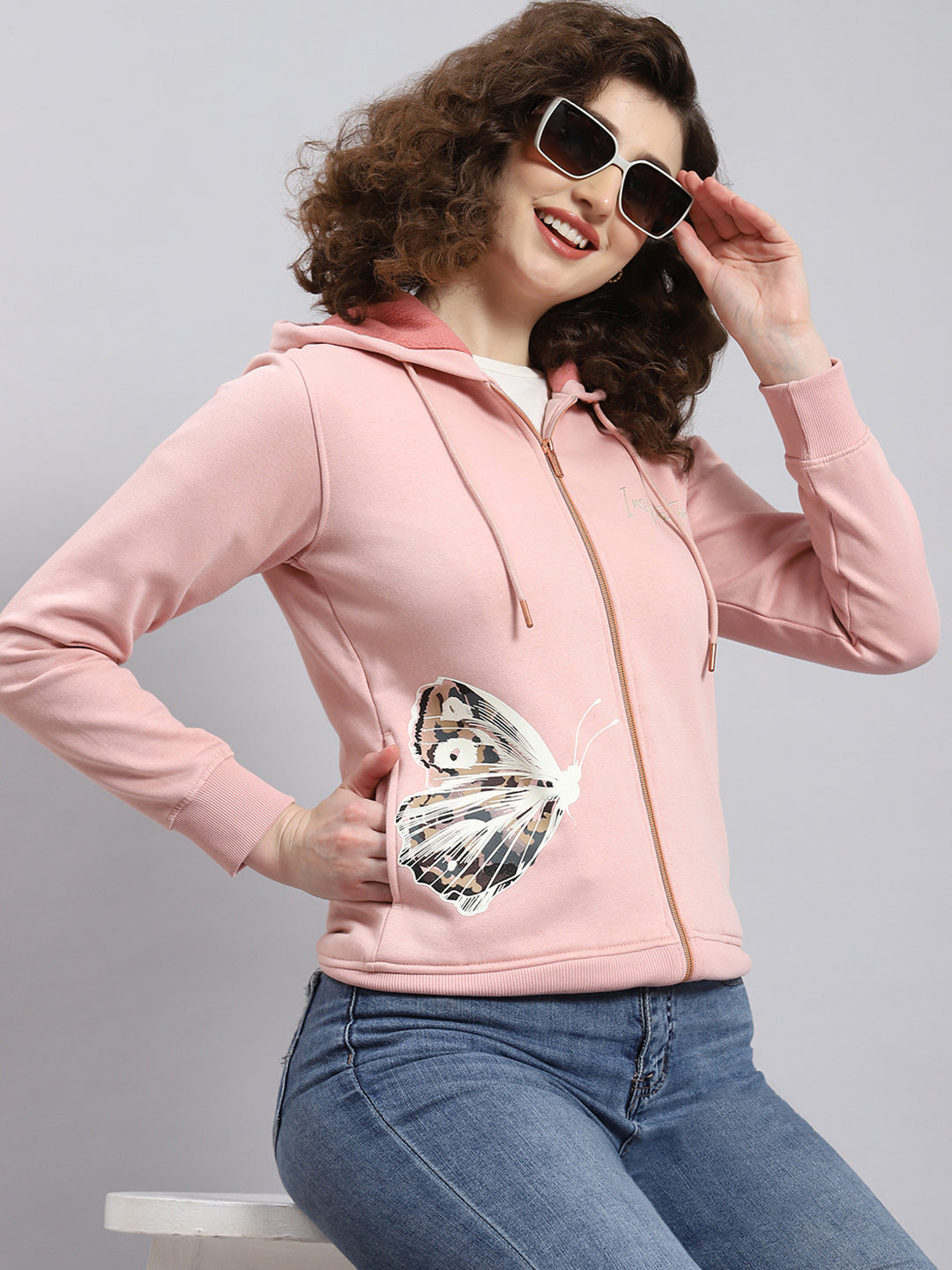 Women Pink Printed Hooded Full Sleeve Sweatshirt