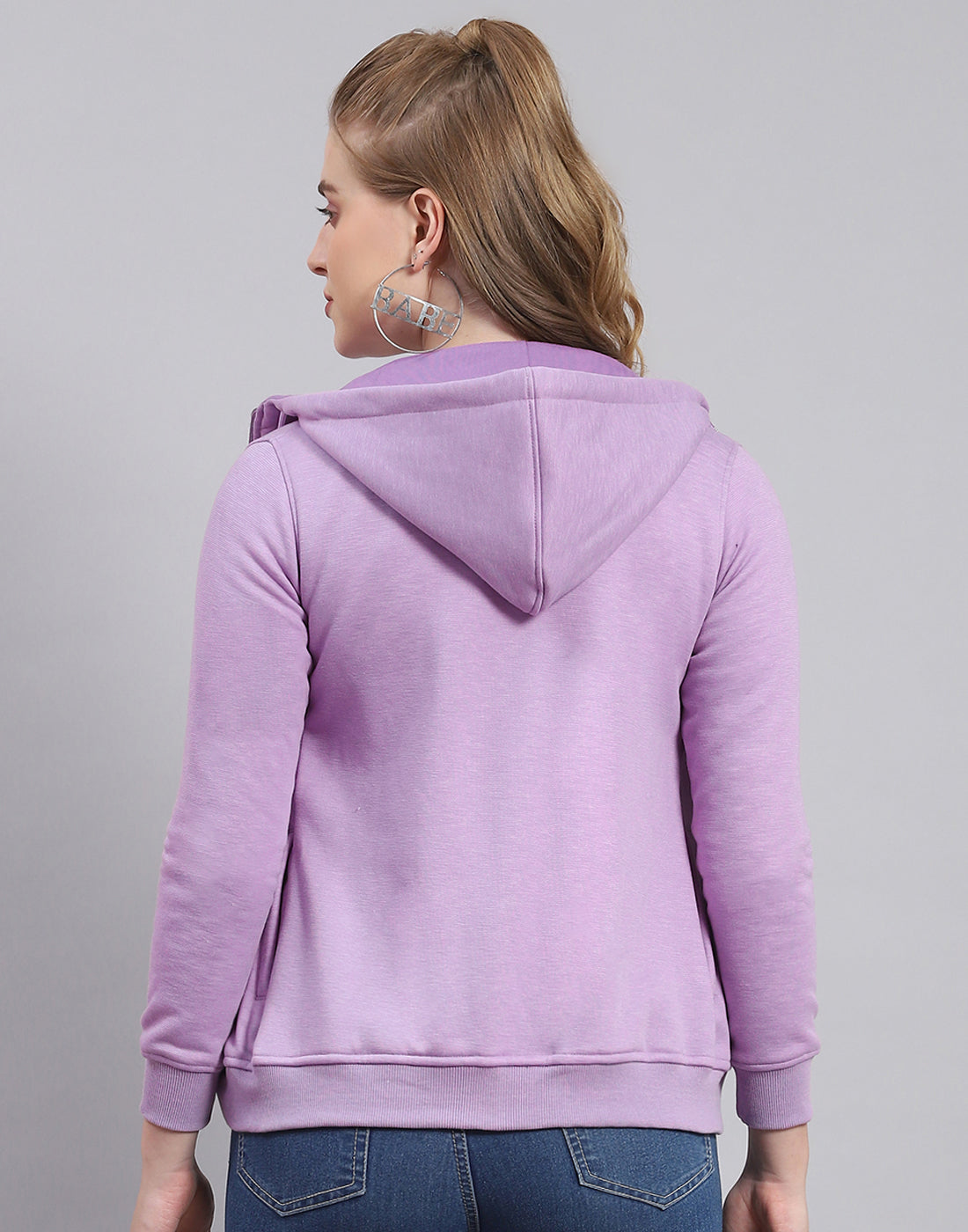 Women Purple Printed Hooded Full Sleeve Sweatshirt