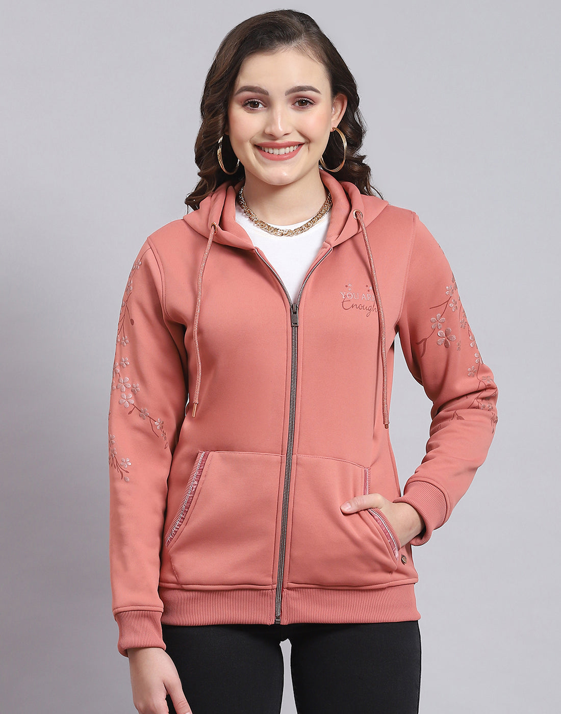 Women Peach Printed Hooded Full Sleeve Sweatshirt