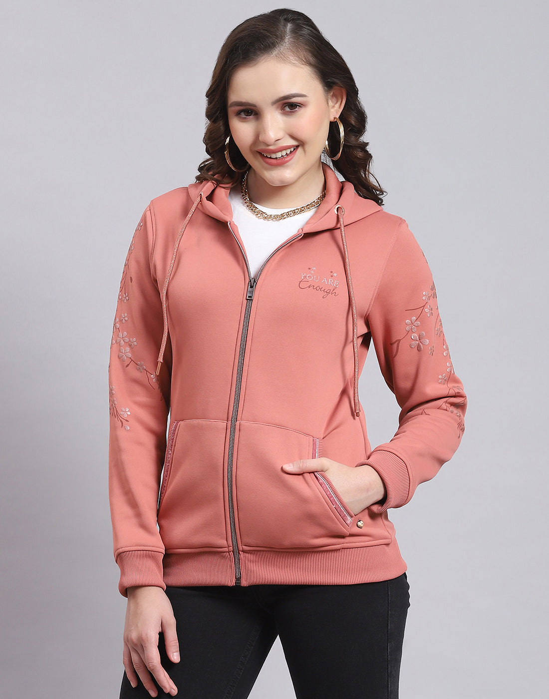 Women Peach Printed Hooded Full Sleeve Sweatshirt