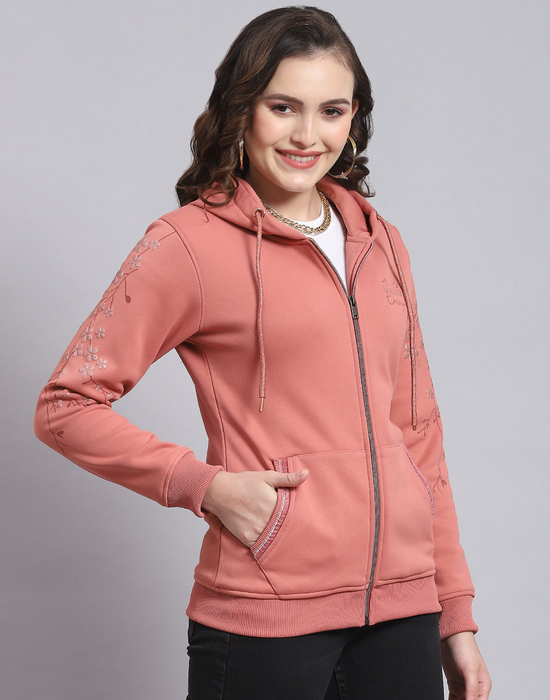 Women Peach Printed Hooded Full Sleeve Sweatshirt