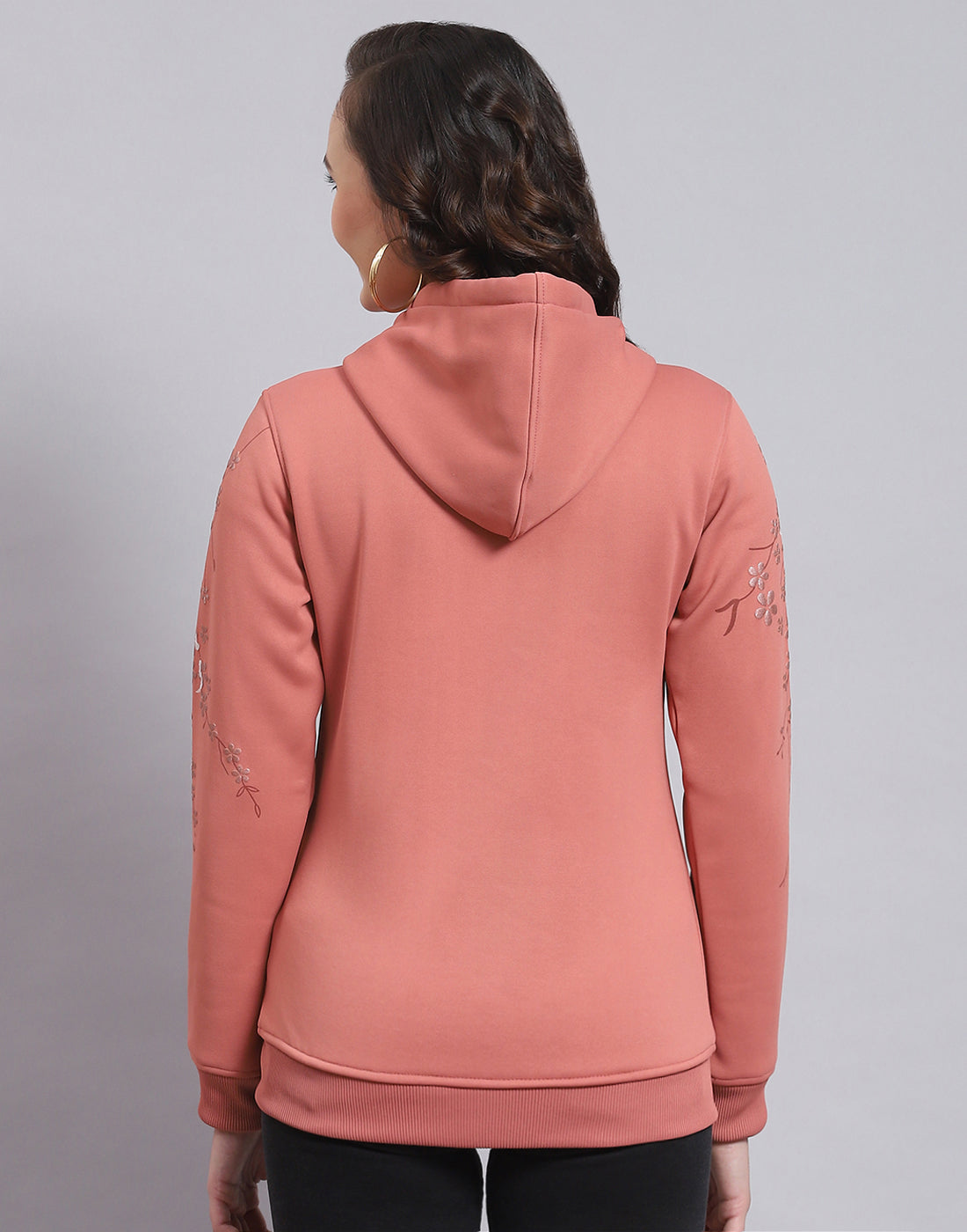 Women Peach Printed Hooded Full Sleeve Sweatshirt