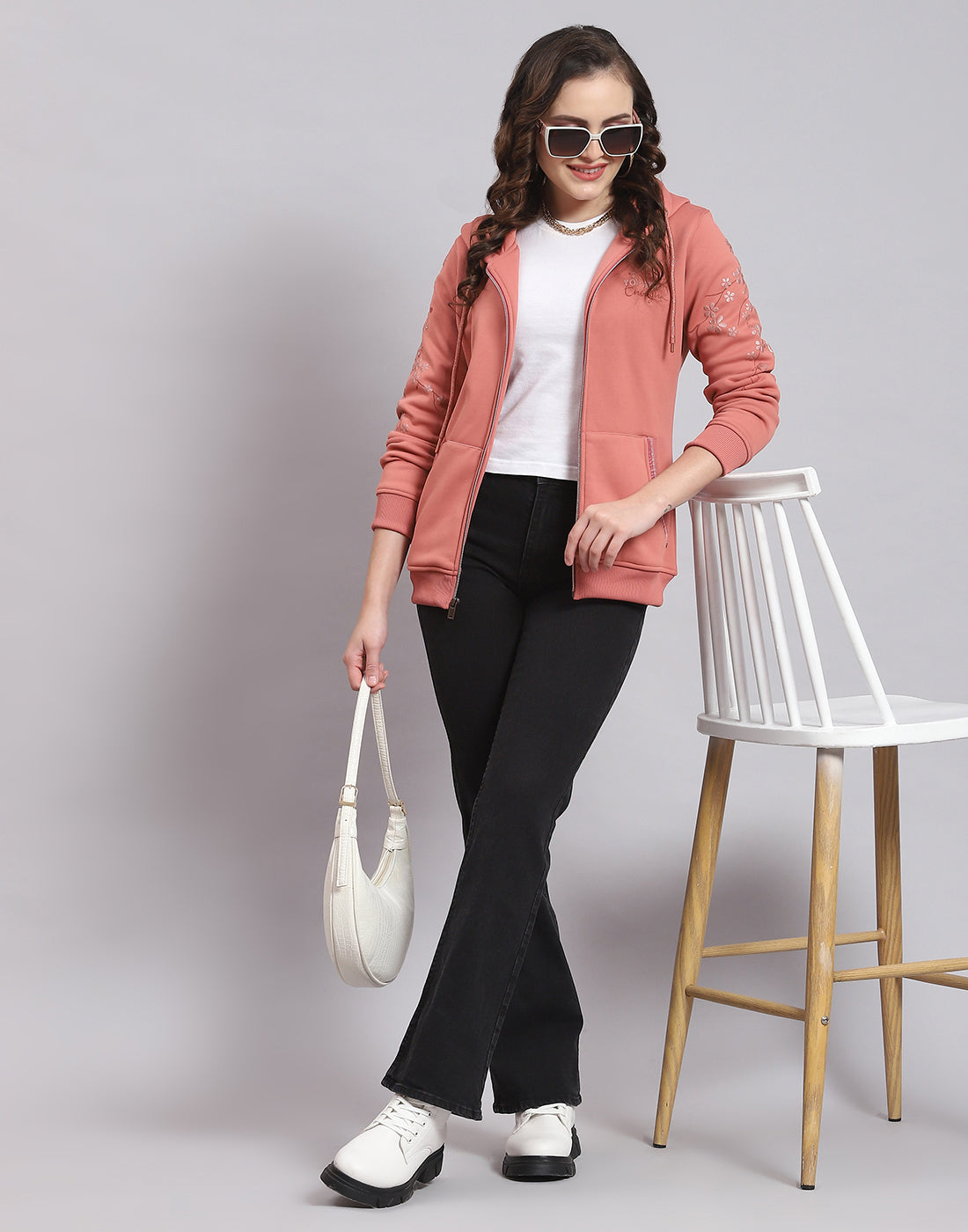 Women Peach Printed Hooded Full Sleeve Sweatshirt